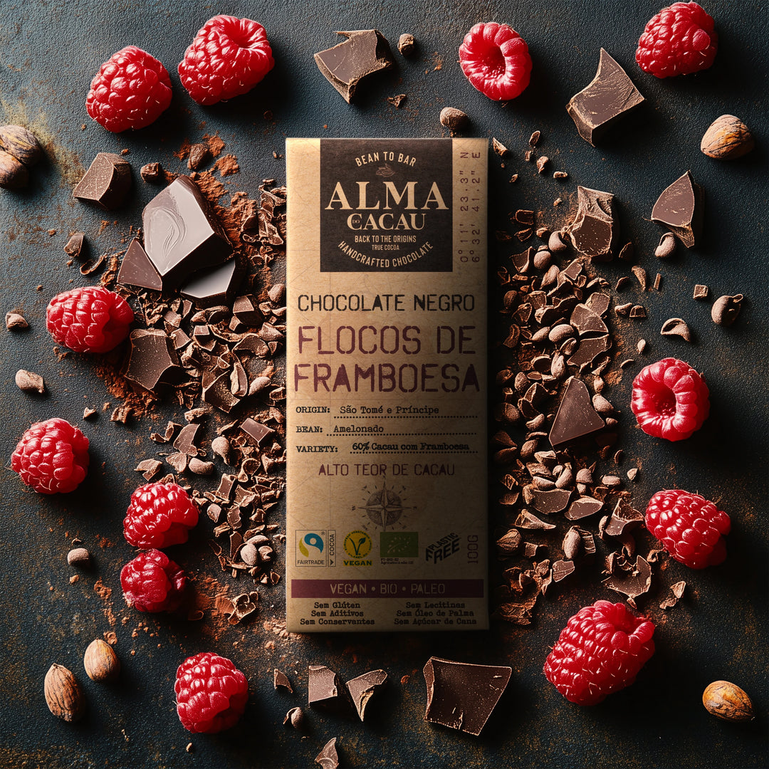 Chocolat noir BIO 60% de cacao aux flocons de framboise Alma do Cacau 100g