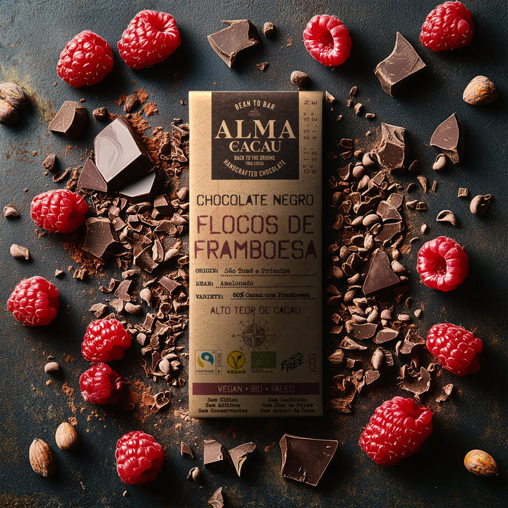 Chocolat noir BIO 60% de cacao aux flocons de framboise Alma do Cacau 100g