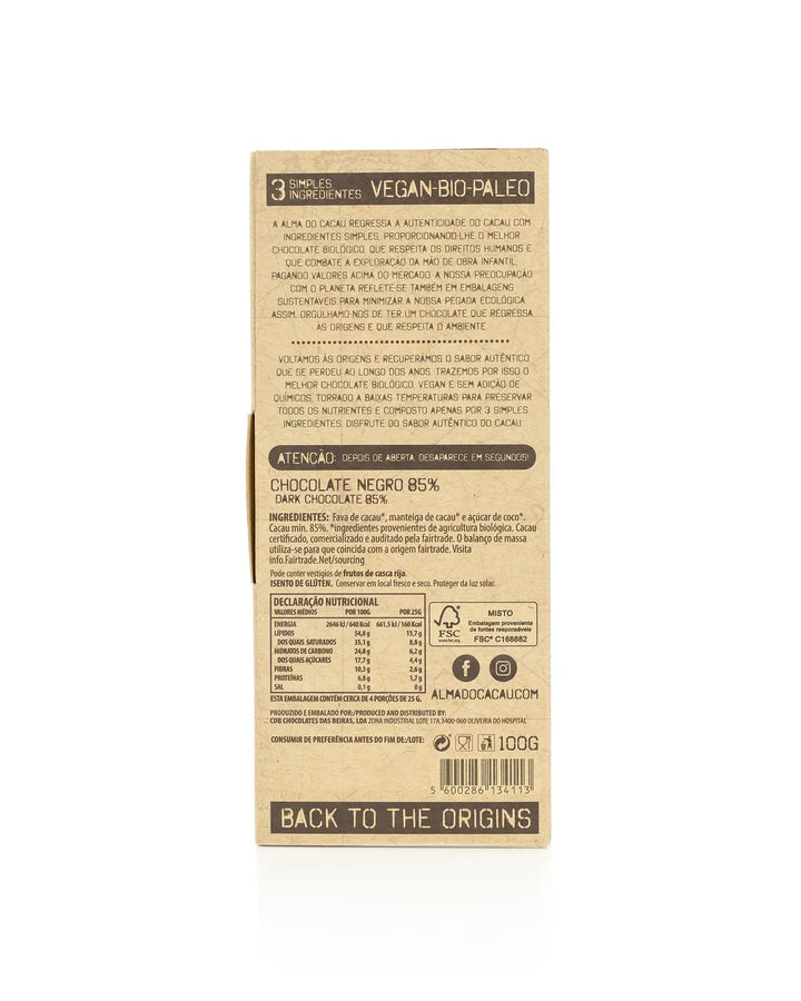 Chocolat noir BIO 85% Cacau Alma do Cacau 100g