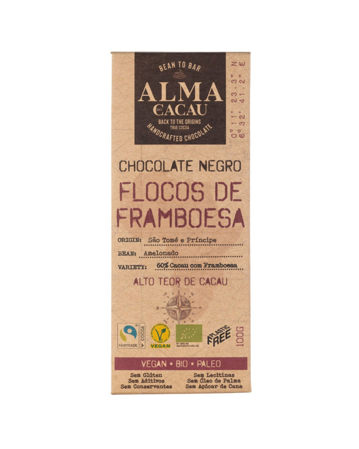 Chocolat noir BIO 60% de cacao aux flocons de framboise Alma do Cacau 100g