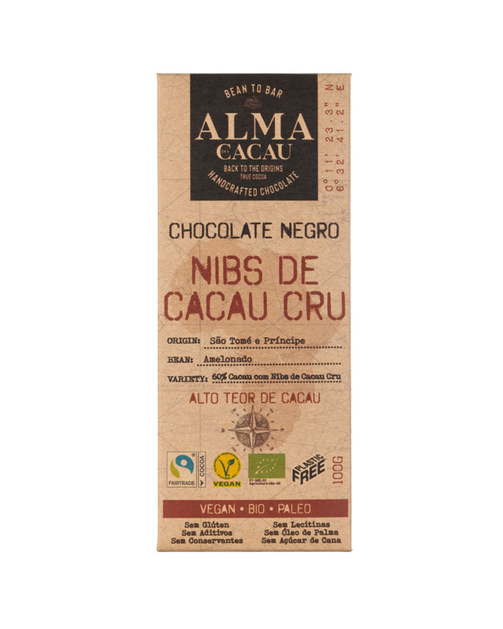 Chocolat noir BIO 60% de cacao aux éclats de cacao crus Alma do Cacau 100g