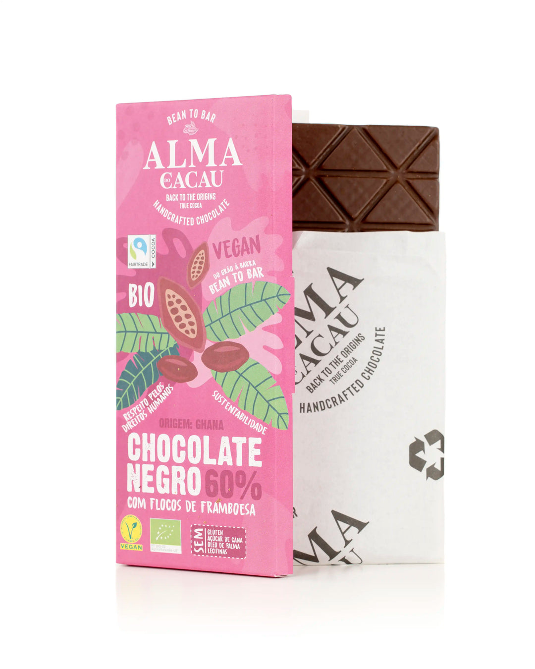 Chocolate Negro BIO 60% Cacau c/ Flocos de Framboesa Alma do Cacau 100g